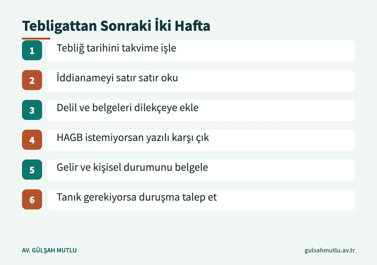 Basit yargılama tebligatından sonra iki hafta içinde yapılacak altı işi gösteren akış