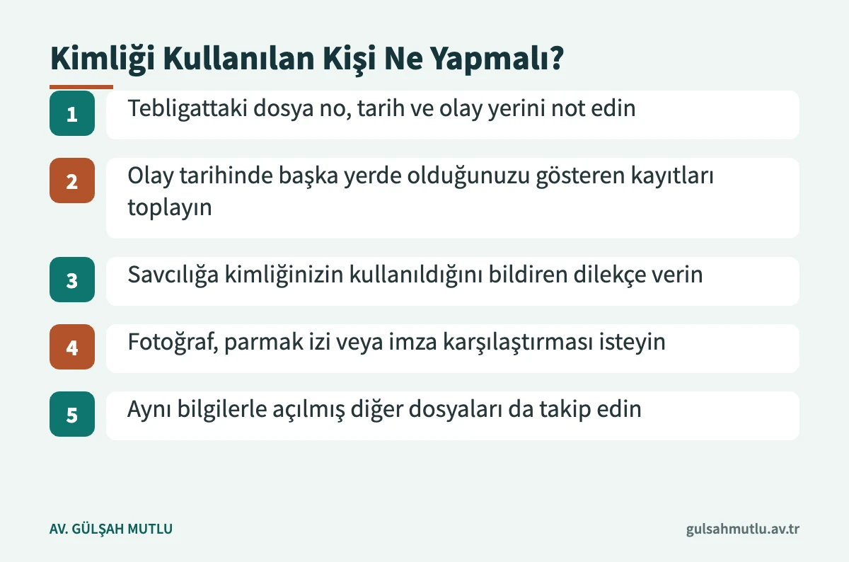 Başkası tarafından kimlik bilgileri kullanılan kişinin izleyebileceği beş adımı gösteren akış