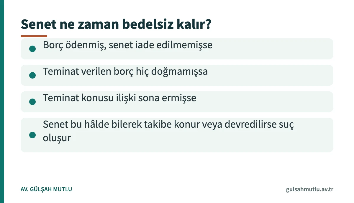 Bedelsiz senedi kullanma suçunun oluştuğu ödenmiş ve teminat senedi hâllerini gösteren kart
