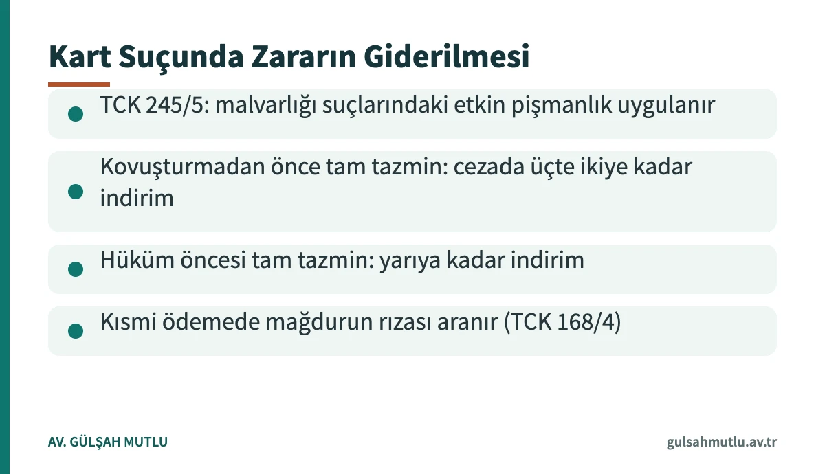 Banka kartının kötüye kullanılmasında TCK 168 etkin pişmanlık indirimlerini özetleyen kart