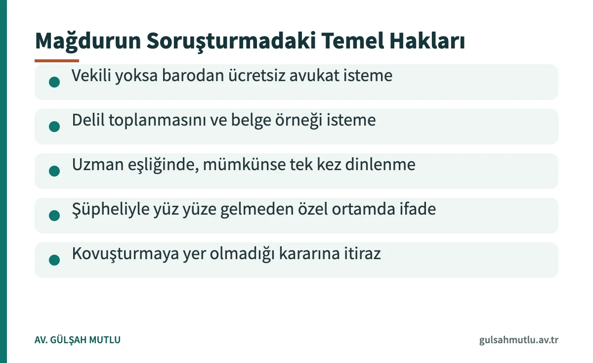Cinsel dokunulmazlığa karşı suç mağdurunun soruşturma evresinde kullanabileceği beş temel hak