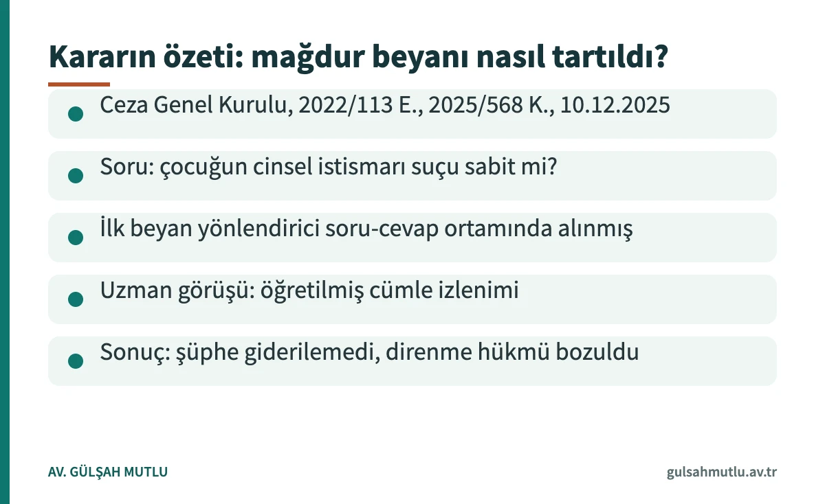 Cinsel istismar mağdur beyanı yargıtay kararı özet kartı: Ceza Genel Kurulu 2025/568 K., bozma