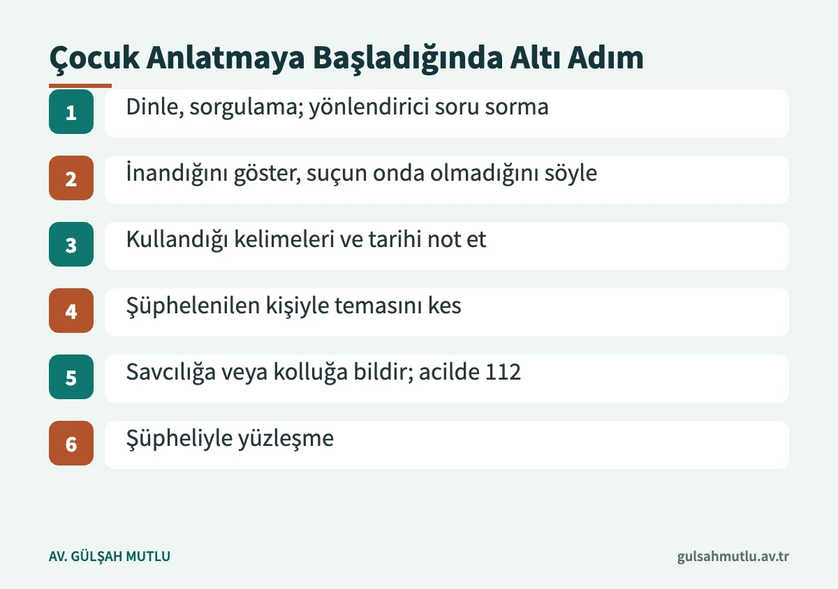 Çocuk cinsel istismarı anlatıldığında yetişkinin izlemesi gereken altı adım
