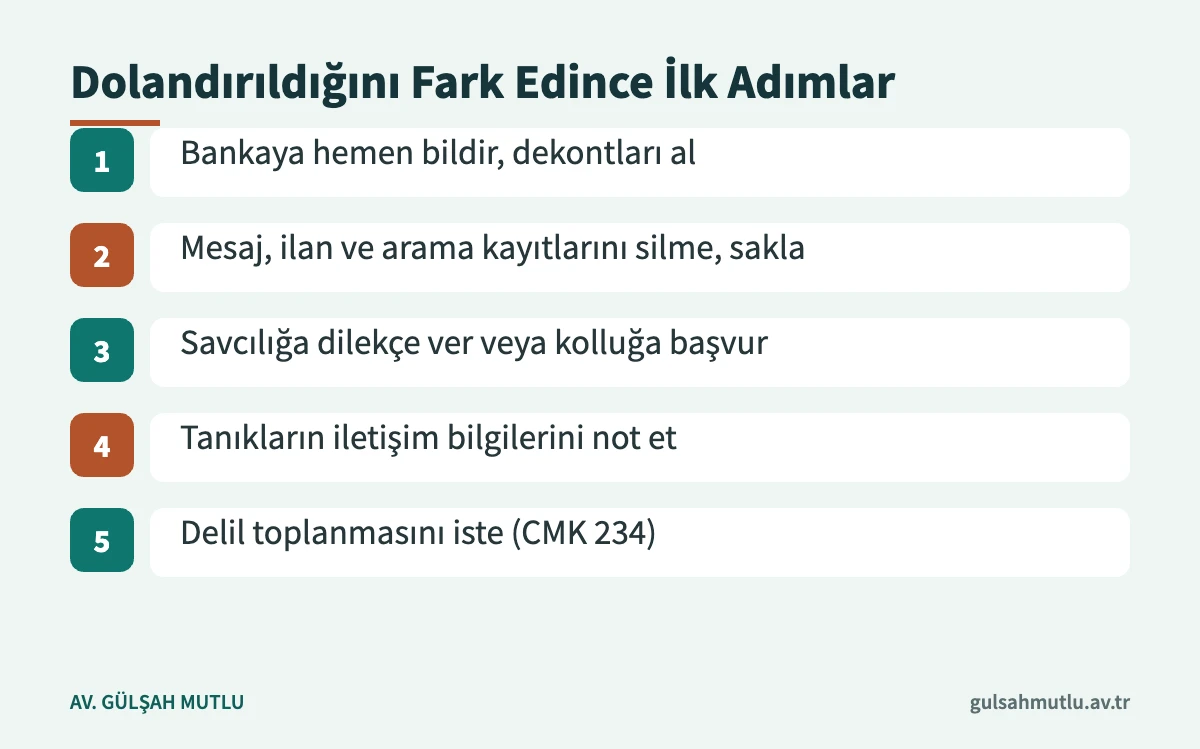 TCK 157 dolandırıcılık mağdurunun olayı fark ettikten sonra atacağı ilk beş adım