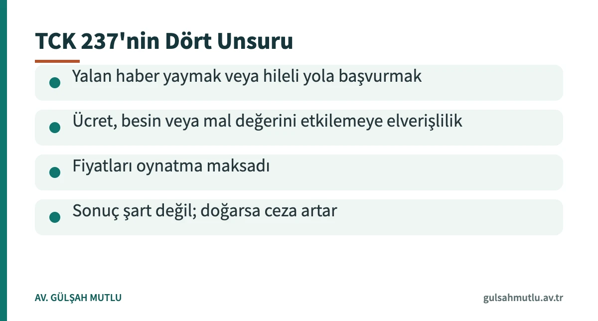 Fiyatları etkileme suçu ve cezası için aranan unsurları özetleyen bilgi kartı