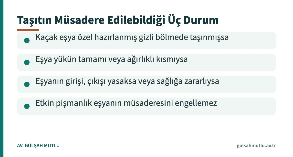 5607 m. 13'e göre kaçak eşya taşınan aracın müsadere koşullarını özetleyen bilgi kartı