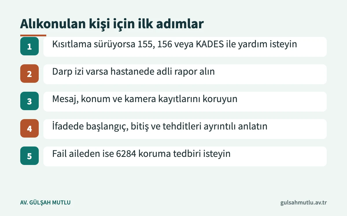 Zorla alıkonulan veya evden çıkarılmayan kişinin güvenlik, delil ve başvuru adımları