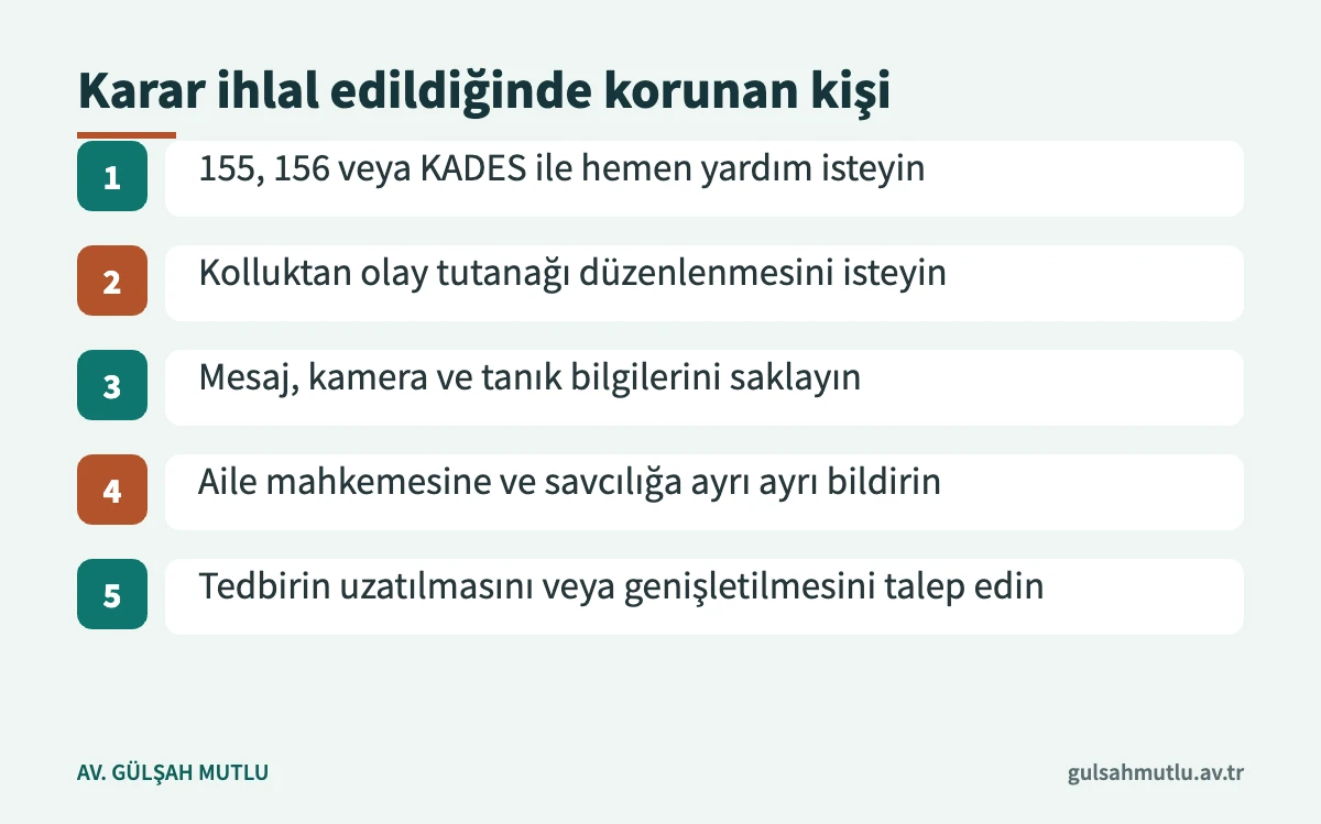 Uzaklaştırma kararına uyulmadığında korunan kişinin atabileceği güvenlik ve başvuru adımları