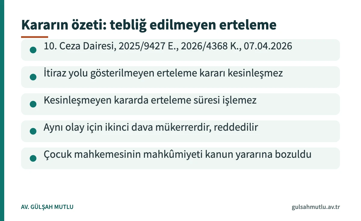 Kovuşturmanın ertelenmesi yargıtay kararı özet kartı: tebliğ edilmeyen erteleme kararı ve mükerrer dava