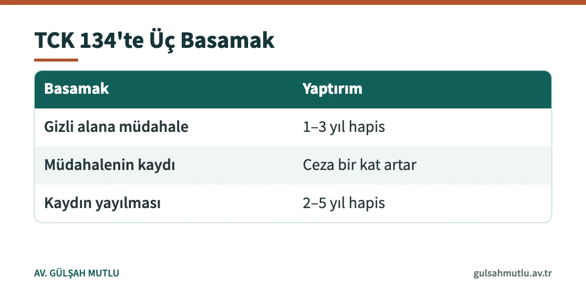 Özel hayatın gizliliğini ihlal suçu için müdahale, kayıt ve yayma basamaklarını gösteren tablo