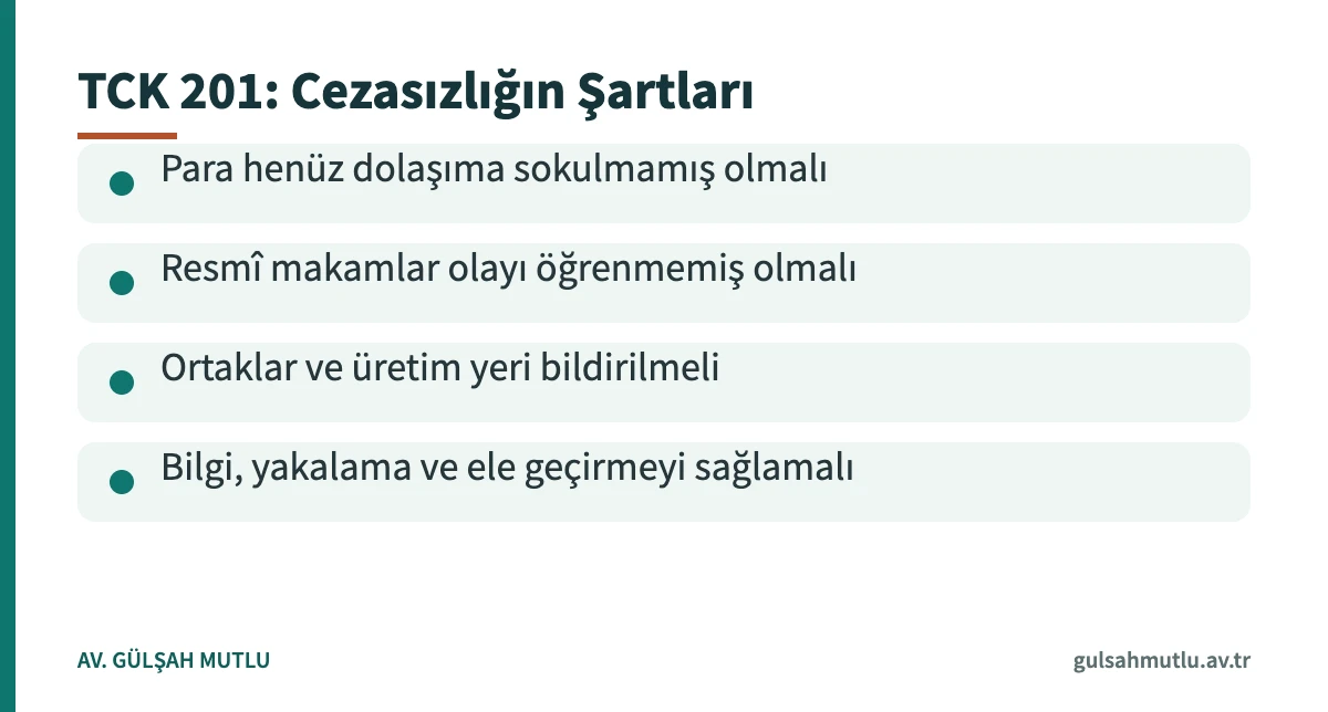 Sahte parada etkin pişmanlıktan yararlanma şartlarını gösteren kart