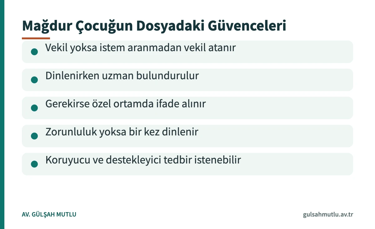 Cinsel suç mağduru çocuğun ifade, temsil ve koruma güvencelerini özetleyen kart