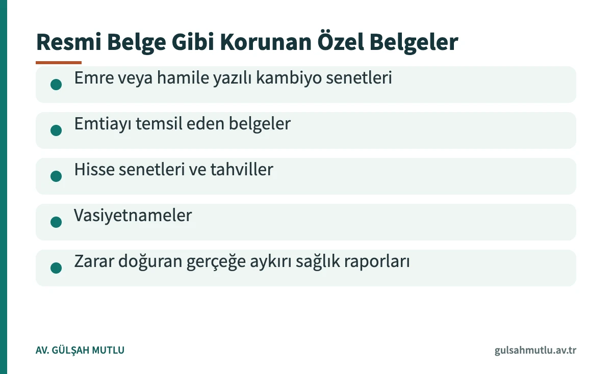 TCK 210 uyarınca resmi belge hükümlerine tabi olan belgeleri gösteren kart