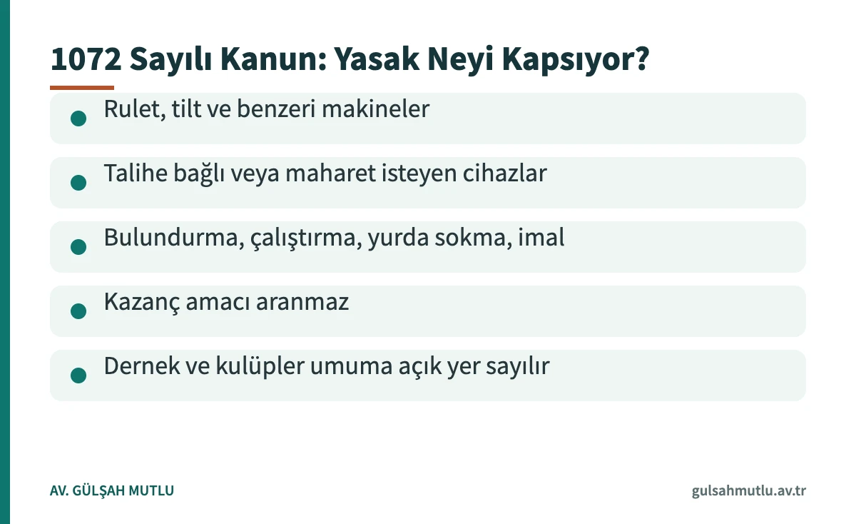 Oyun alet ve makinaları yasağının kapsamını özetleyen bilgi kartı