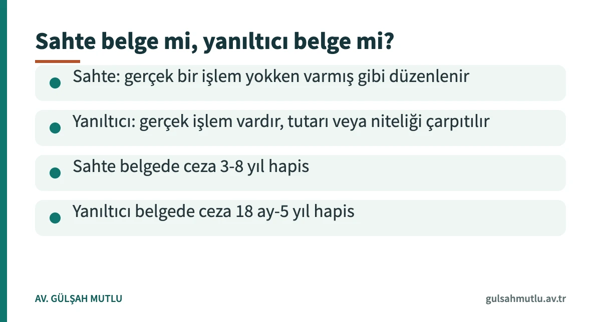 Sahte fatura ile muhteviyatı itibarıyla yanıltıcı fatura arasındaki farkı ve cezalarını gösteren kart
