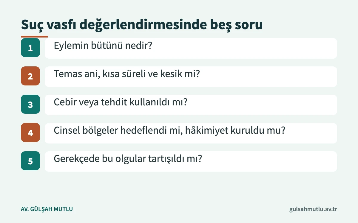 Sarkıntılık ile cinsel istismarın temel şeklini ayırırken sorulacak beş soru