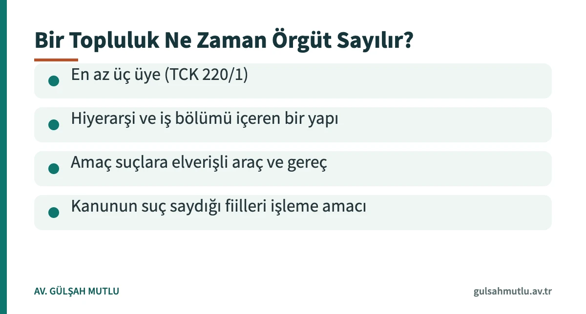 Suç işlemek amacıyla örgüt kurma için aranan ölçütleri gösteren bilgi kartı