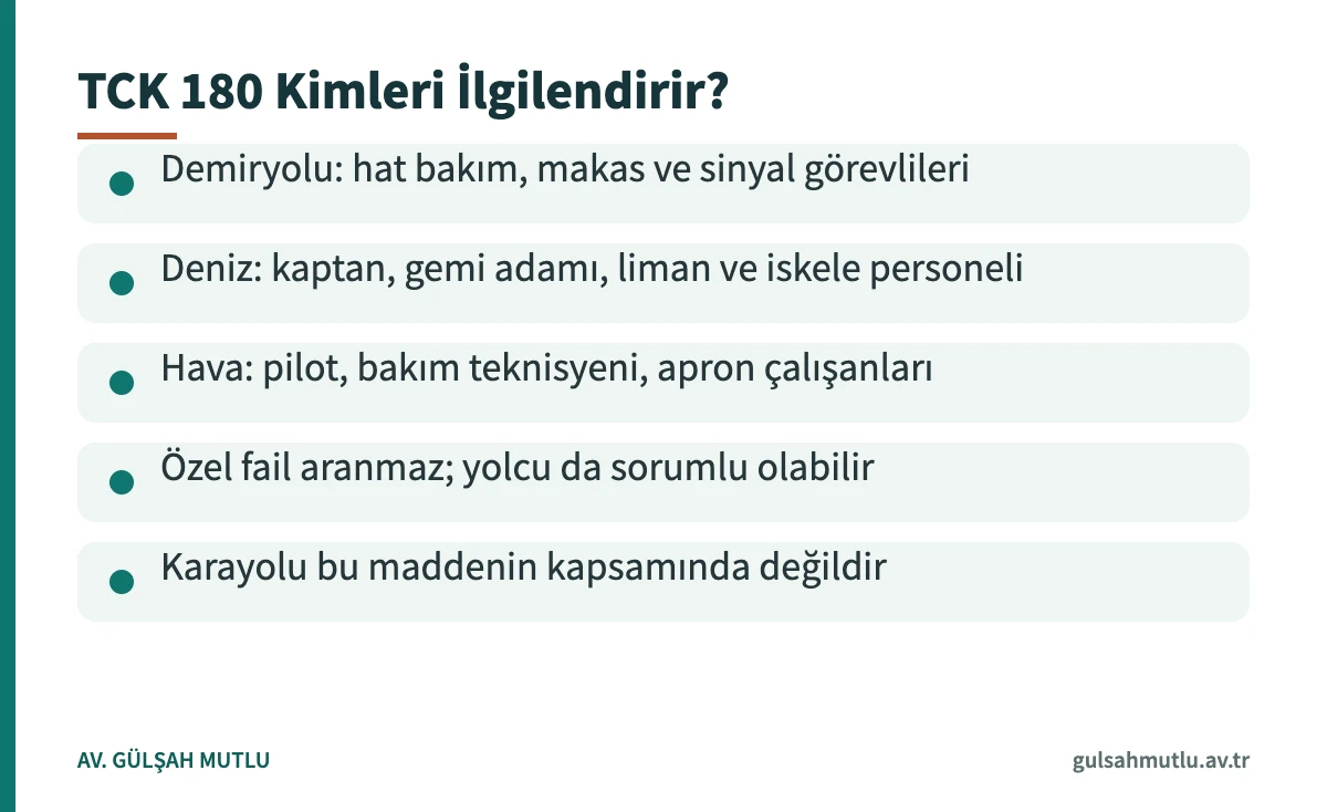 Trafik güvenliğini taksirle tehlikeye sokma suçunun demiryolu, deniz ve hava ulaşımında kimleri ilgilendirdiğini gösteren kart