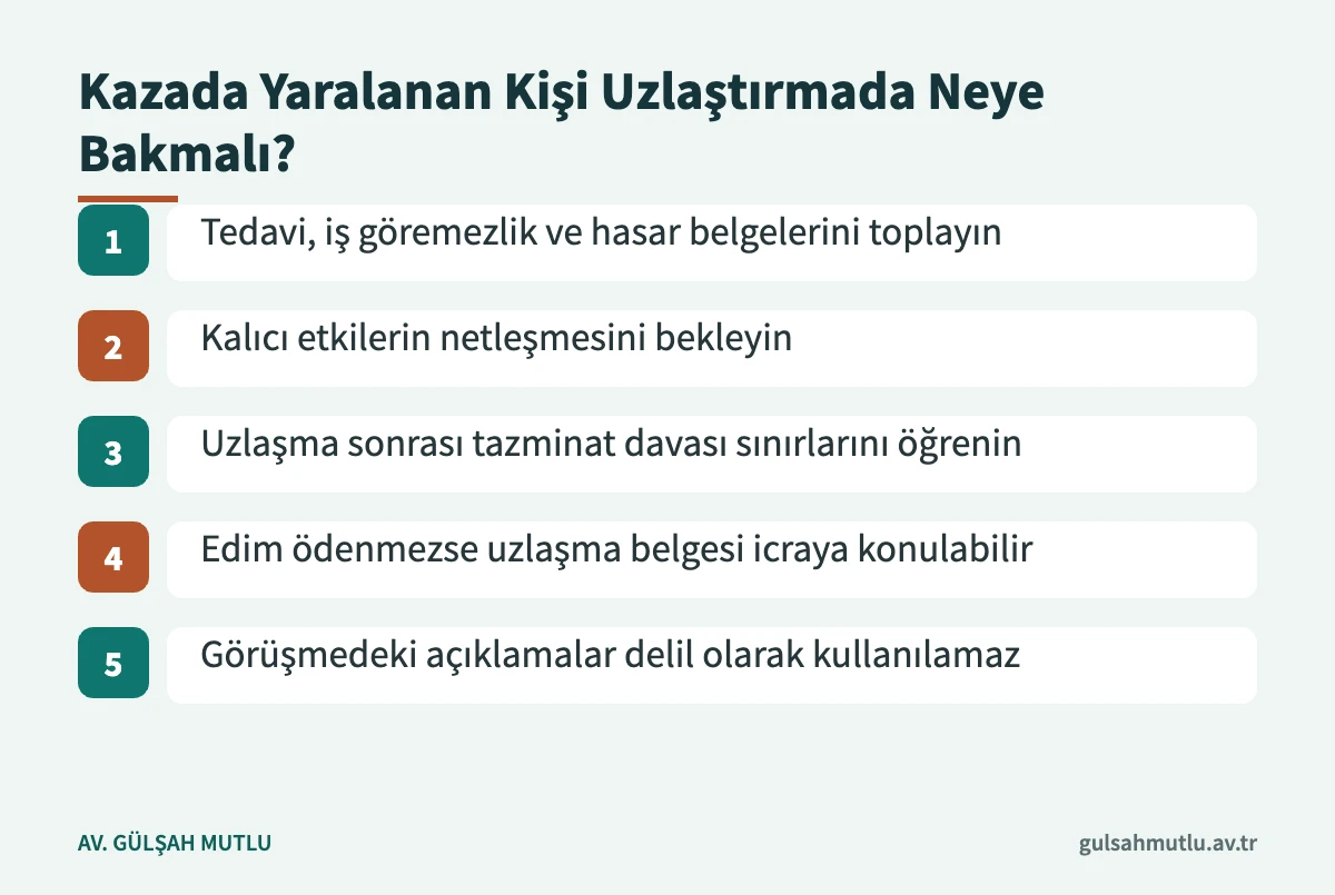 Trafik kazasında yaralanan kişinin taksirle yaralama uzlaştırmasında dikkat edeceği adımlar
