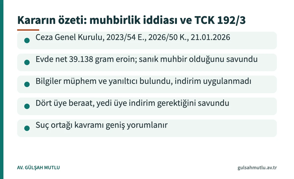 Uyuşturucu etkin pişmanlık yargıtay kararı özet kartı: muhbirlik iddiası ve TCK 192/3 şartları