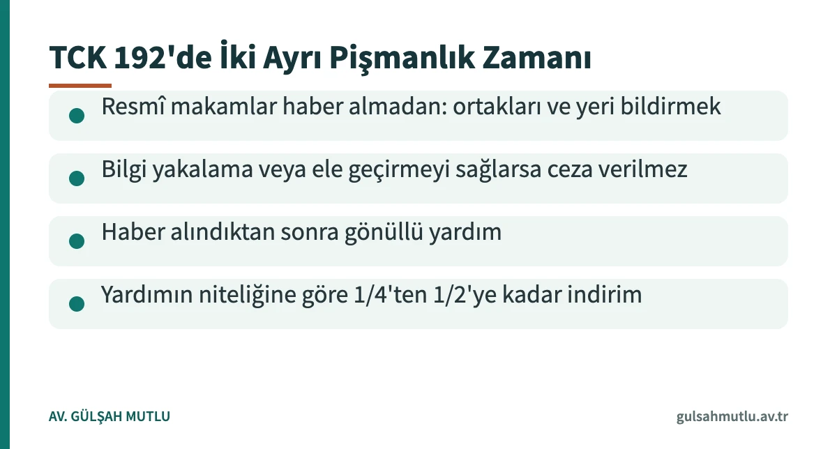 Uyuşturucu imal ve ticaretinde TCK 192 etkin pişmanlığın haber alınmadan önce ve sonra sonuçlarını gösteren kart