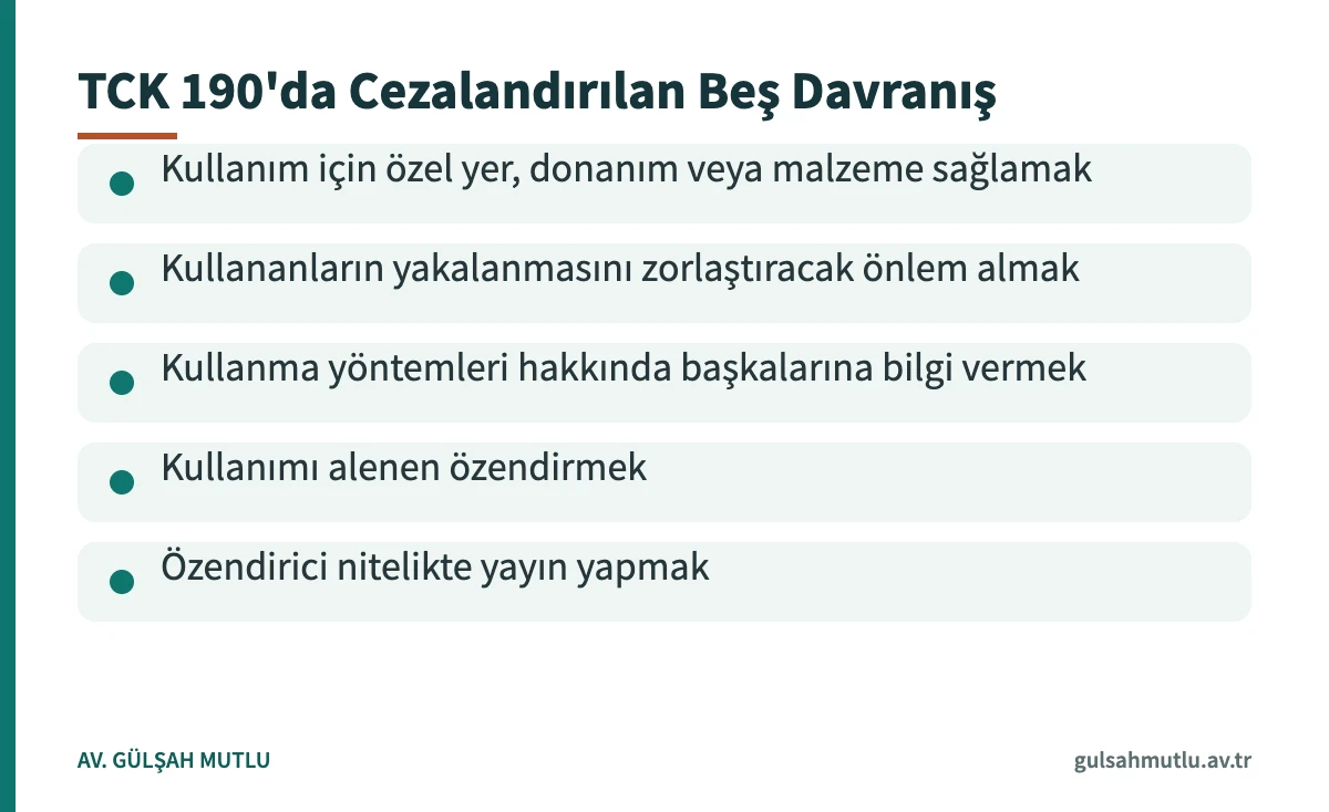 Madde kullanılmasını kolaylaştırma suçunda TCK 190'daki beş seçimlik hareketi gösteren kart