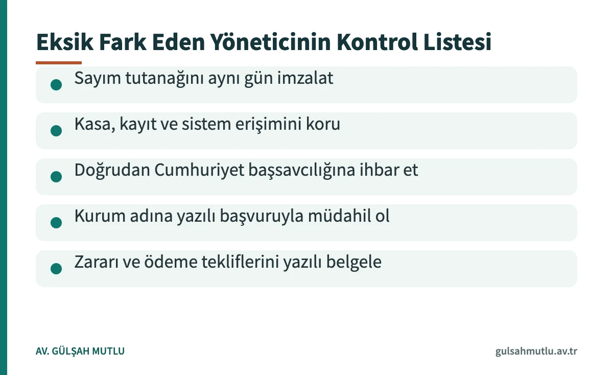 Kamu kurumunda kasa açığı fark eden yöneticinin izleyeceği adımlar kartı