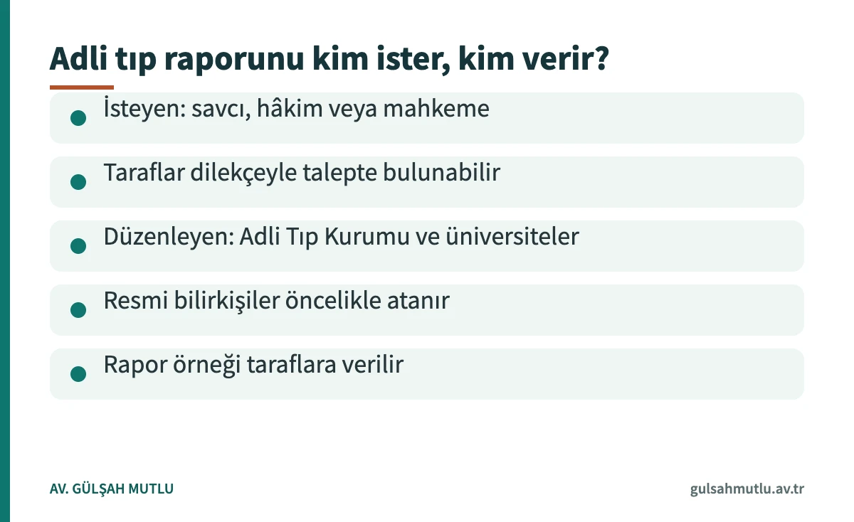 Adli tıp raporunu isteyen ve düzenleyen makamları gösteren bilgi kartı