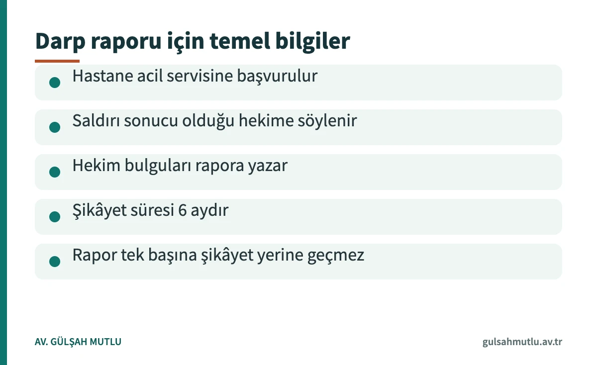 Darp raporu alma, hekime anlatma ve şikâyet süresi konularını özetleyen bilgi kartı