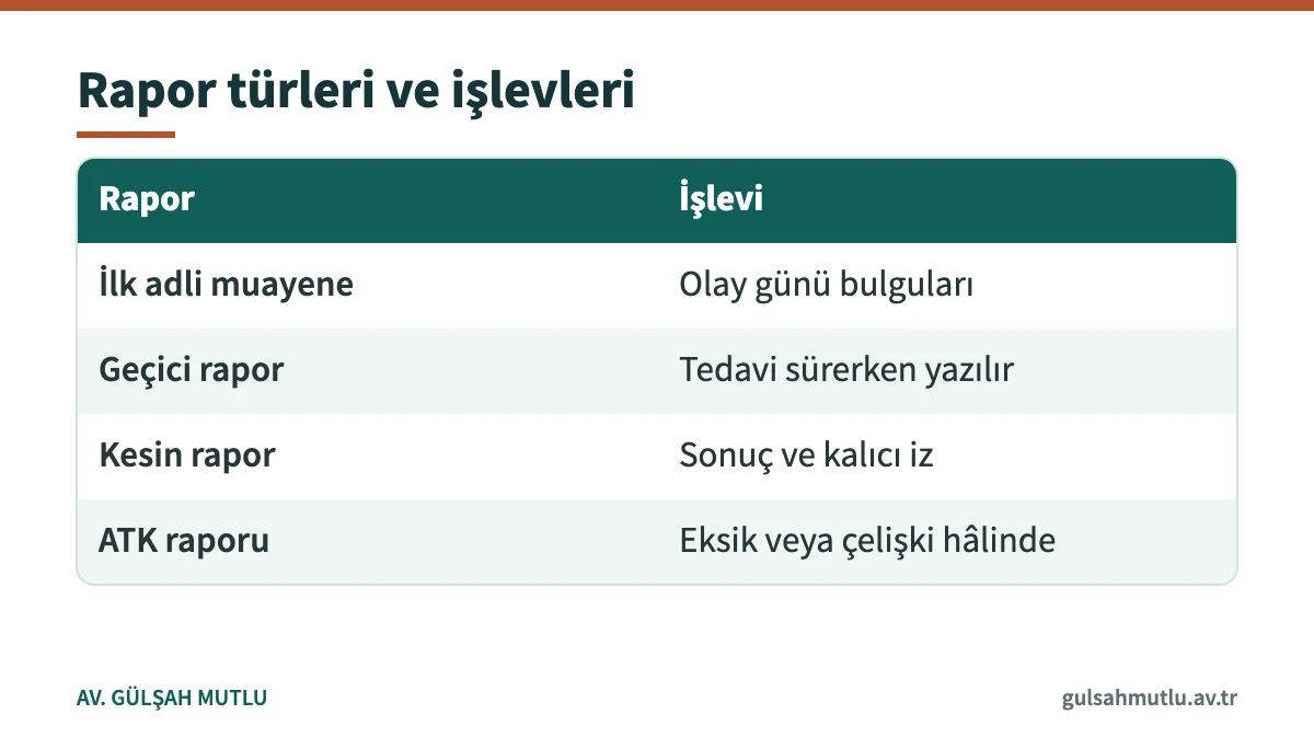 Darp raporu çeşitlerini ve her birinin işlevini karşılaştıran tablo
