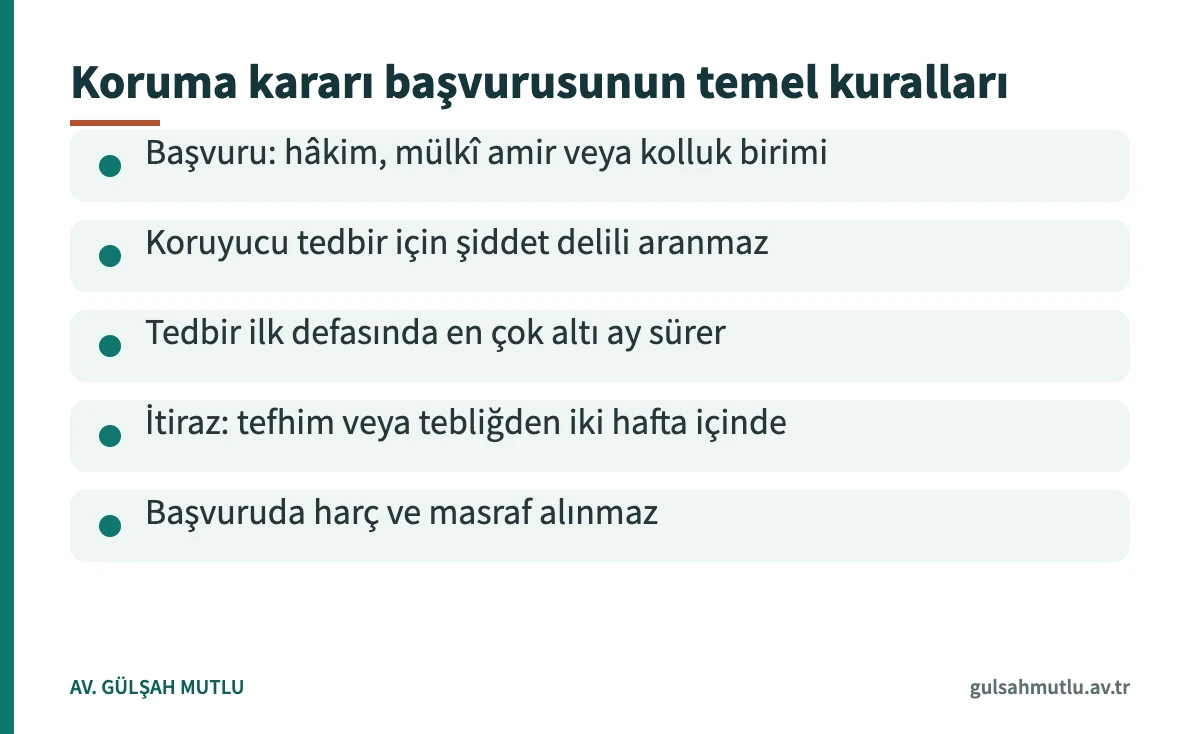 Koruma kararı başvurusunun yeri, süresi, itirazı ve masrafına ilişkin temel kuralları gösteren kart