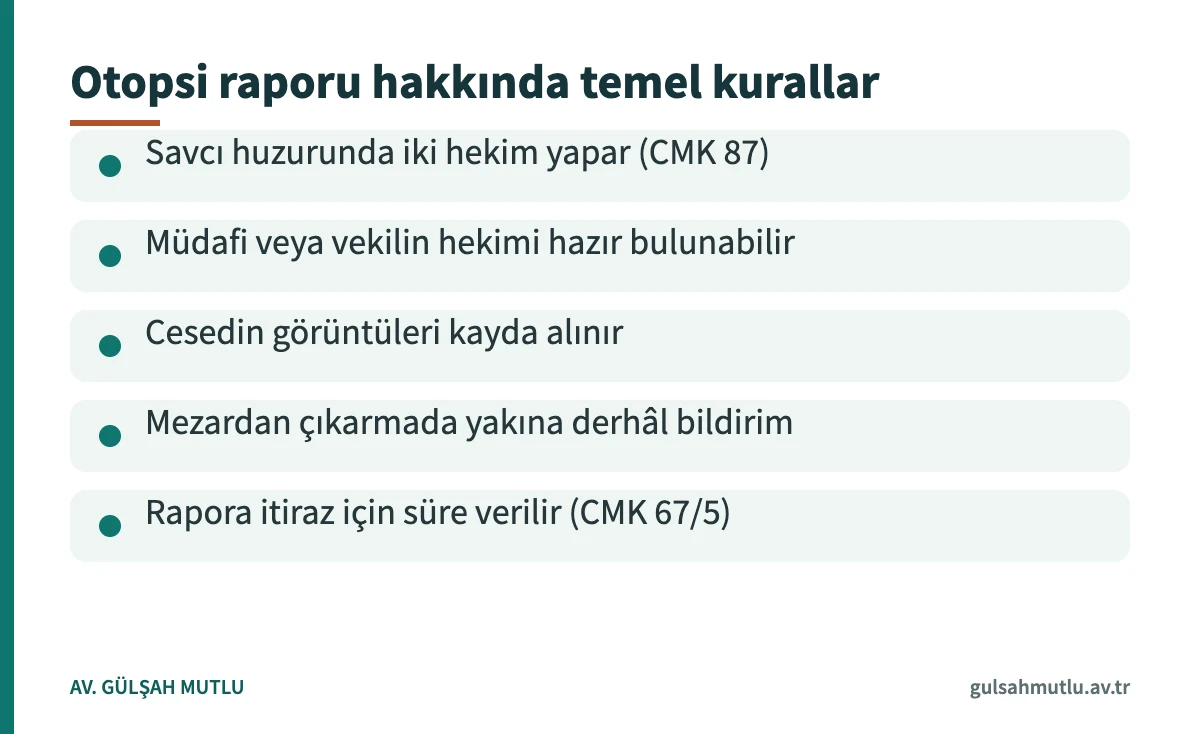 Otopsi raporunun kim tarafından hazırlandığını, hazır bulunma hakkını ve itiraz yolunu özetleyen kart