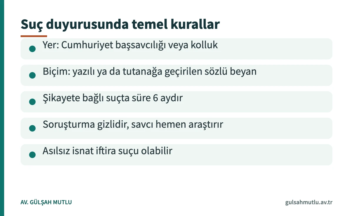 Suç duyurusu için başvuru yeri, biçim, süre ve sonuçları özetleyen bilgi kartı
