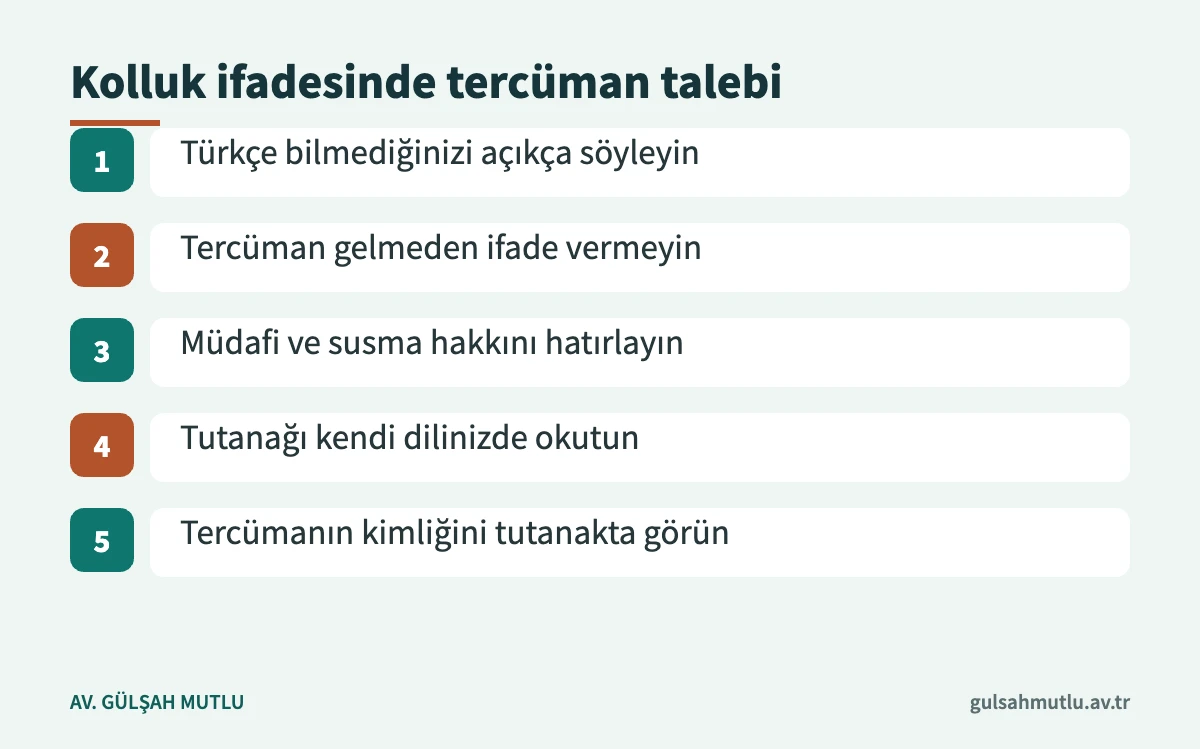 Türkçe bilmeyen kişinin kolluk ifadesinde tercüman talebi için izleyeceği adımlar