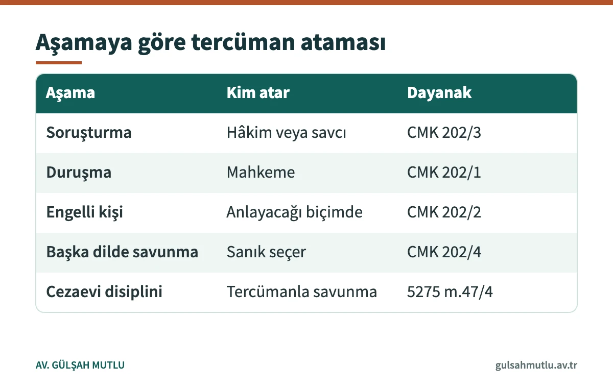 Soruşturma, duruşma ve diğer aşamalarda tercümanı kimin atadığını gösteren tablo