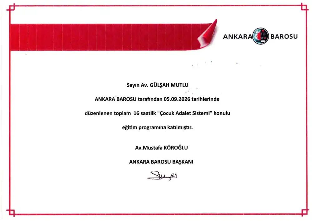 Av. Gülşah Mutlu – Çocuk Adalet Sistemi katılım belgesi (Ankara Barosu, 5 Eylül 2026)