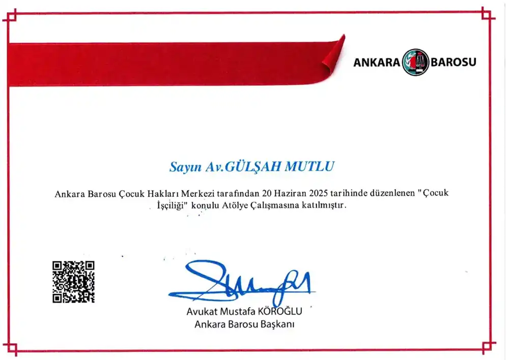 Av. Gülşah Mutlu – Çocuk İşçiliği katılım belgesi (Ankara Barosu Çocuk Hakları Merkezi, 20 Haziran 2025)